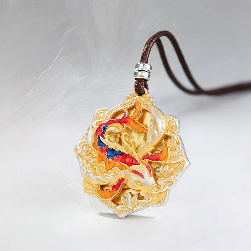 Buddha Stones 999 Sterling Silver Colorful Koi Fish Carved Luck Necklace Pendant