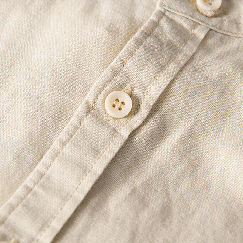Buddha Stones Casual Daily Simple Buttons Design Stand Collar Men's Short Sleeve Cotton Linen Shirt With Front Pockets