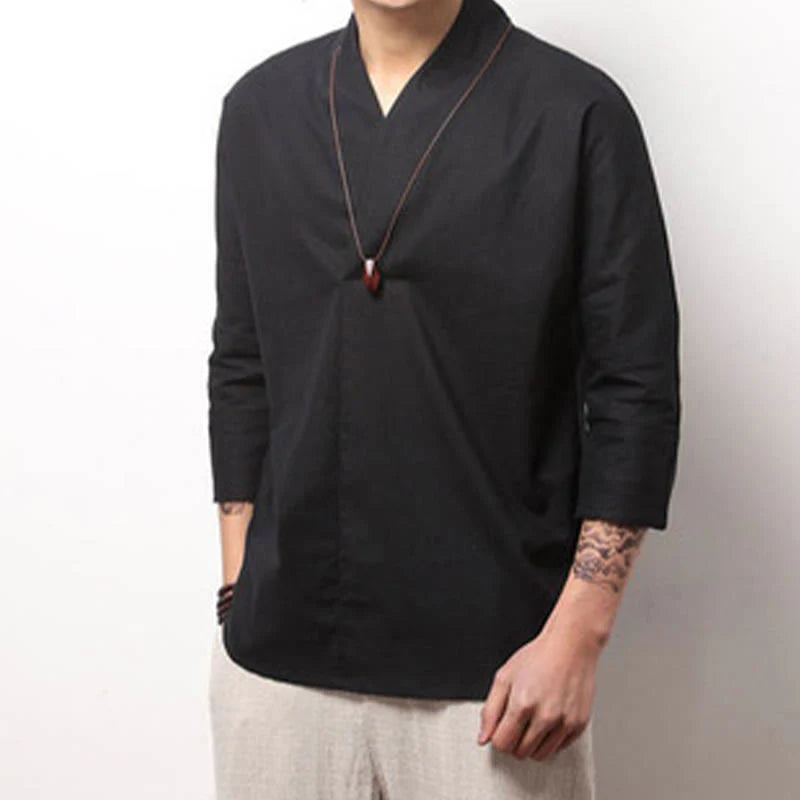Buddha Stones Casual V-Neck Three Quarter Sleeve Shirt Men Clothing