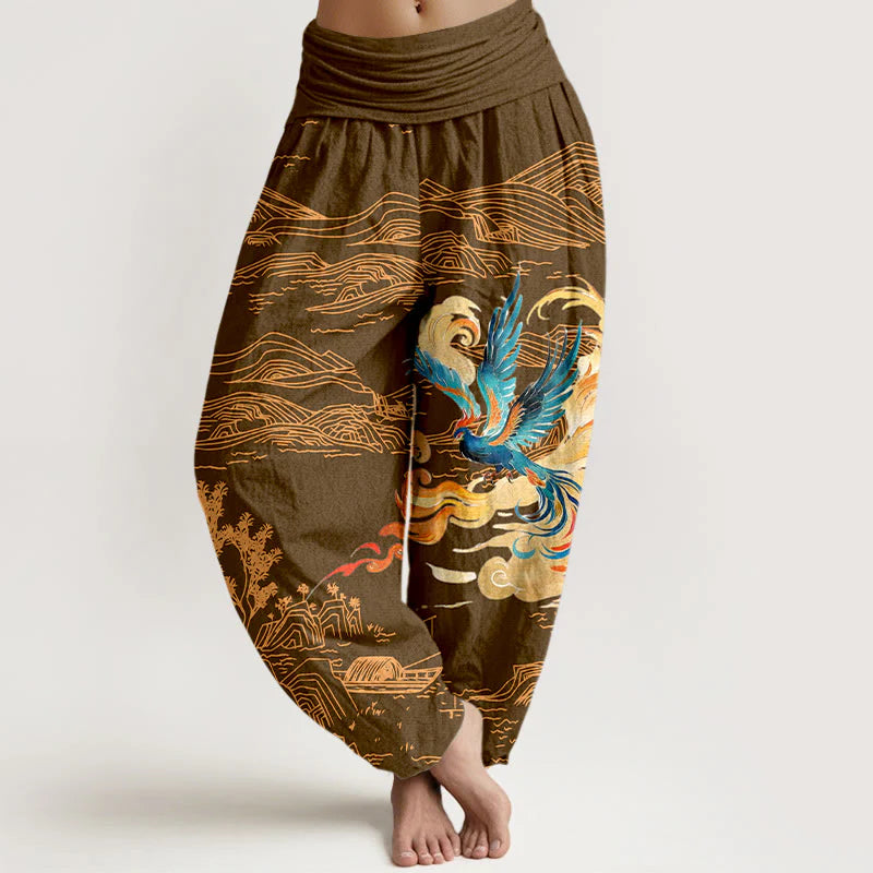 Buddha Stones Phoenix Mountains Landscape Pattern Women's Elastic Waist Harem Pure Cotton Pants