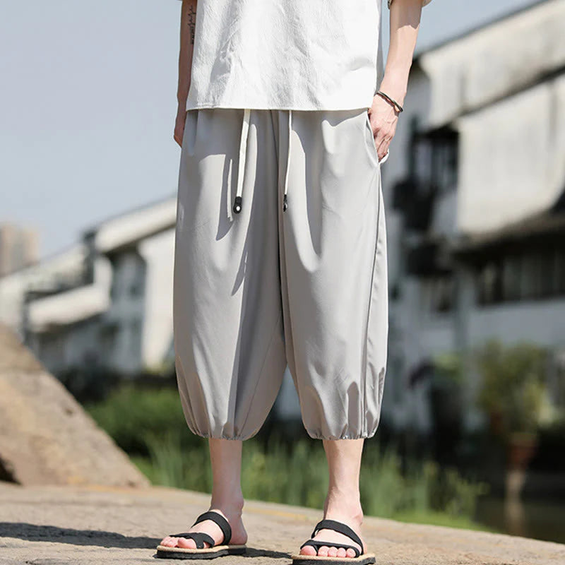 Buddha Stones Solid Drawstring Men's Capri Cropped Harem Pants With Pockets