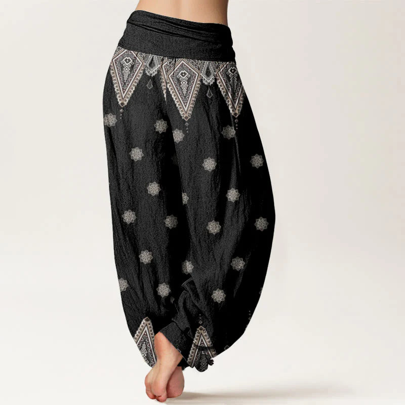 Buddha Stones Cotton Bohemian Geometric Floral Design Women's Elastic Waist Harem Pants