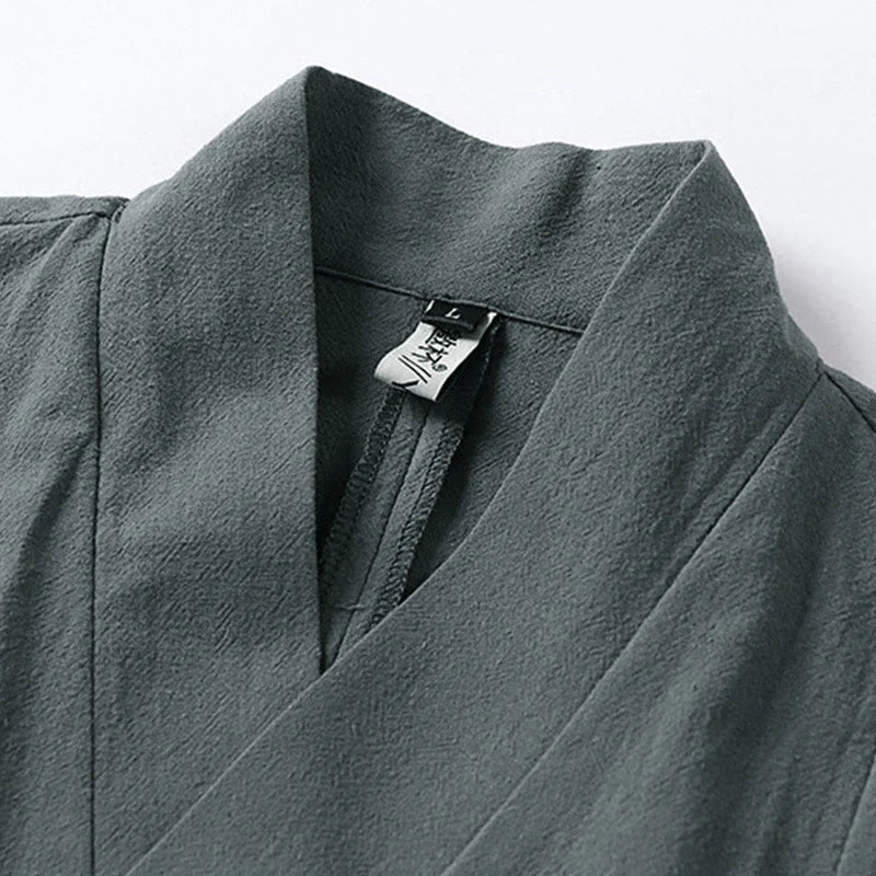 Buddha Stones Plain One Chinese Frog-Button Jacket Cotton Linen Men's Half Sleeve Kimono