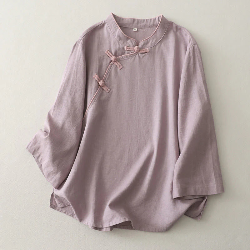 Buddha Stones Plain Slanted Buttons Cotton Linen Women's Shirt
