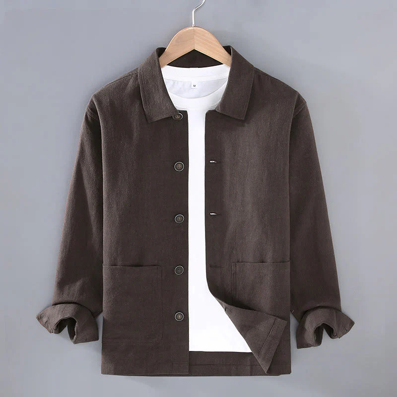Buddha Stones Commute Plain Long Sleeve Button Lapel  Design Men's Ramie Linen Jacket With Pockets