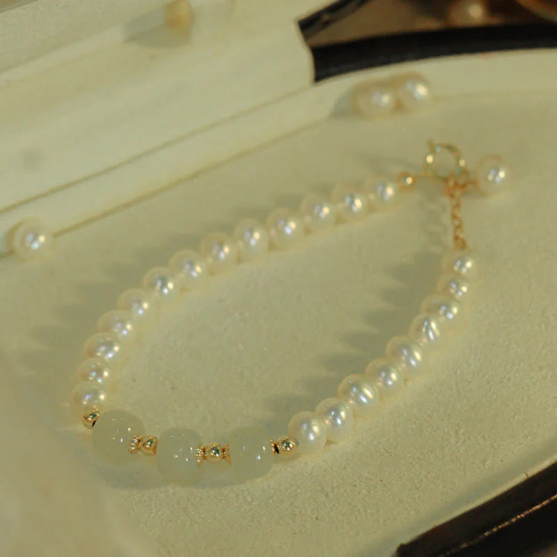 Buddha Stones 14K Gold Plated Natural Pearl Hetian Cyan Jade White Jade Sincerity Bead Chain Bracelet