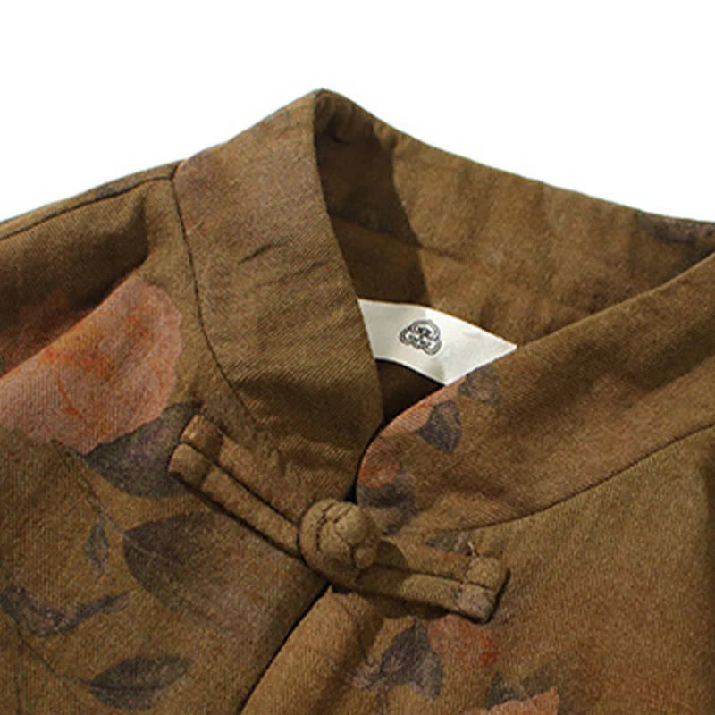 Buddha Stones Spring Printed Floral Pattern Men's Chinese Frog-button Long Sleeve Cotton Jacket