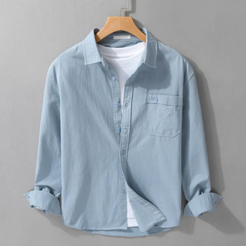 Buddha Stones Casual Solid Buttons Down Decorative Pocket Men's Stand Collar Long Sleeve Cotton Shirt