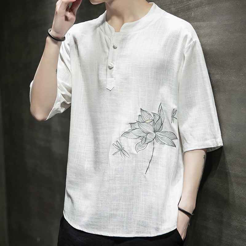 Buddha Stones Summer Embroidered Lotus Dragonfly Pattern Chinese Frog-Button Men's Short Sleeve T-shirt