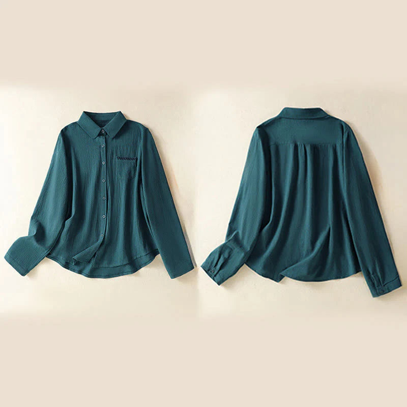 Buddha Stones Women's Spring Retro Plain Simple Embroidery Design Long Sleeve Cotton Shirt With Pocket