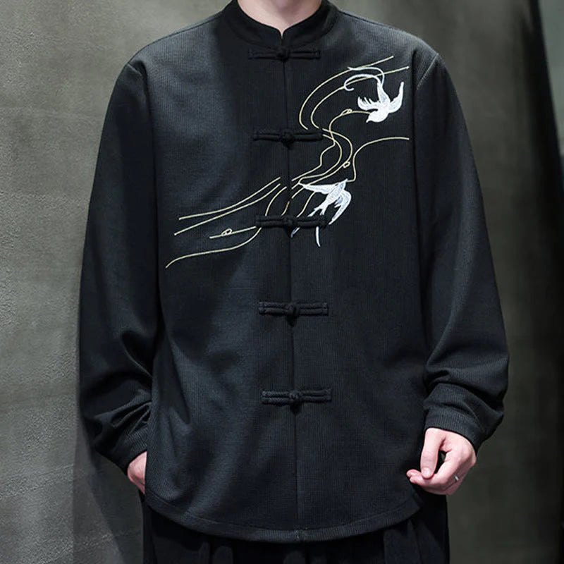 Buddha Stones Frog-Button Swallow Embroidery Stand Collar Long Sleeve Tang Suit Men's Shirt