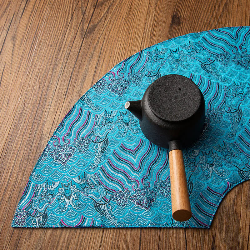 Buddha Stones Vintage Sea Wave Bamboo Plum Blossom Embroidered Cup Mat Pad Tea Cup Coaster Kung Fu Tea Mat