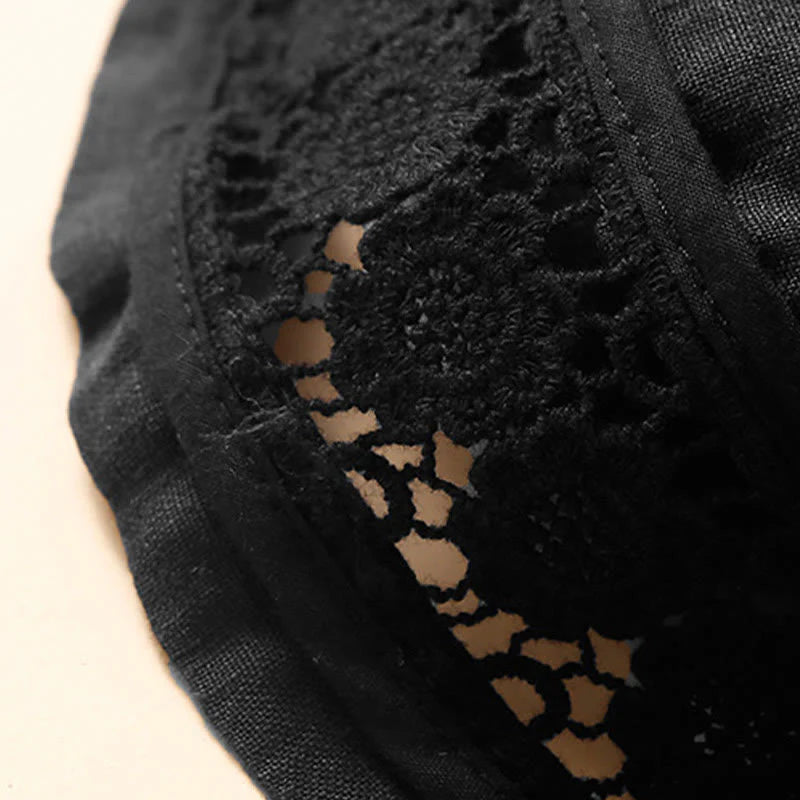 Buddha Stones Plain Color Bottom Hollow Lace Design Lace-up Cotton Women's Shorts With Pockets