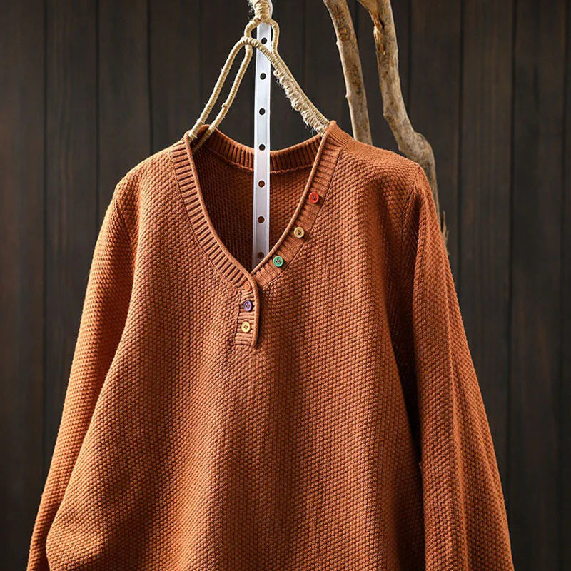 Buddha Stones Fall Colorful Buttons V-Neck Cotton Women's Long Sleeve Knitted Sweater