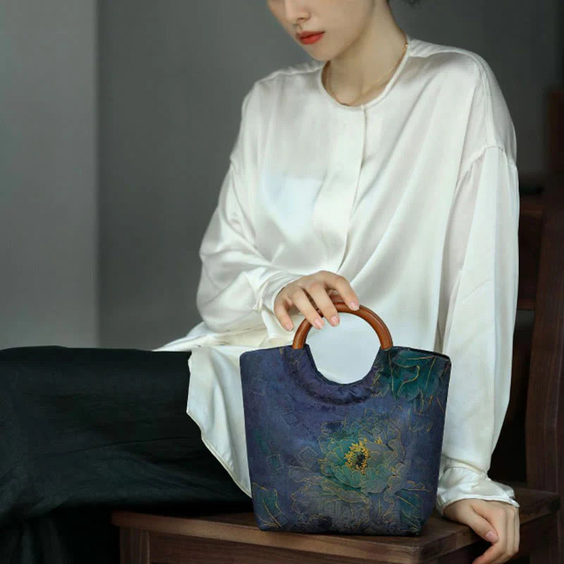 Buddha Stones Peony Flower Bamboo Leaves Bird Solid Wood Handle Handbag