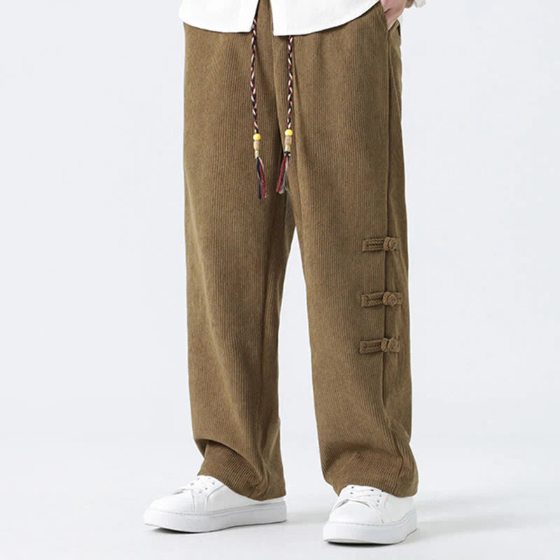 Buddha Stones Fall Solid Frog-Button Men's Drawstring Corduroy Straight Leg Pants With Pockets