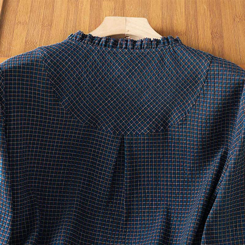 Buddha Stones Fall Blue Plaid V-Neck Buttons Design Women's Cotton Long Sleeve Shirt