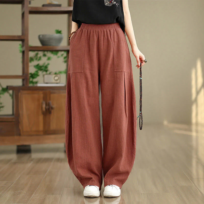 Buddha Stones Solid Color Cotton Linen Women's Straight Leg Pants With Pockets