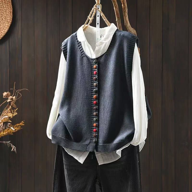Buddha Stones Colorful Buttons Women's Sleeveless Cotton Knitted Vest Waistcoat