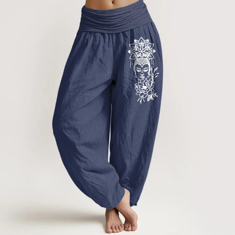 Buddha Stones Pure Cotton Simple Buddha Image Lotus Pattern Women's Elastic Waist Harem Pants