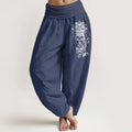 Buddha Stones Pure Cotton Simple Buddha Image Lotus Pattern Women's Elastic Waist Harem Pants