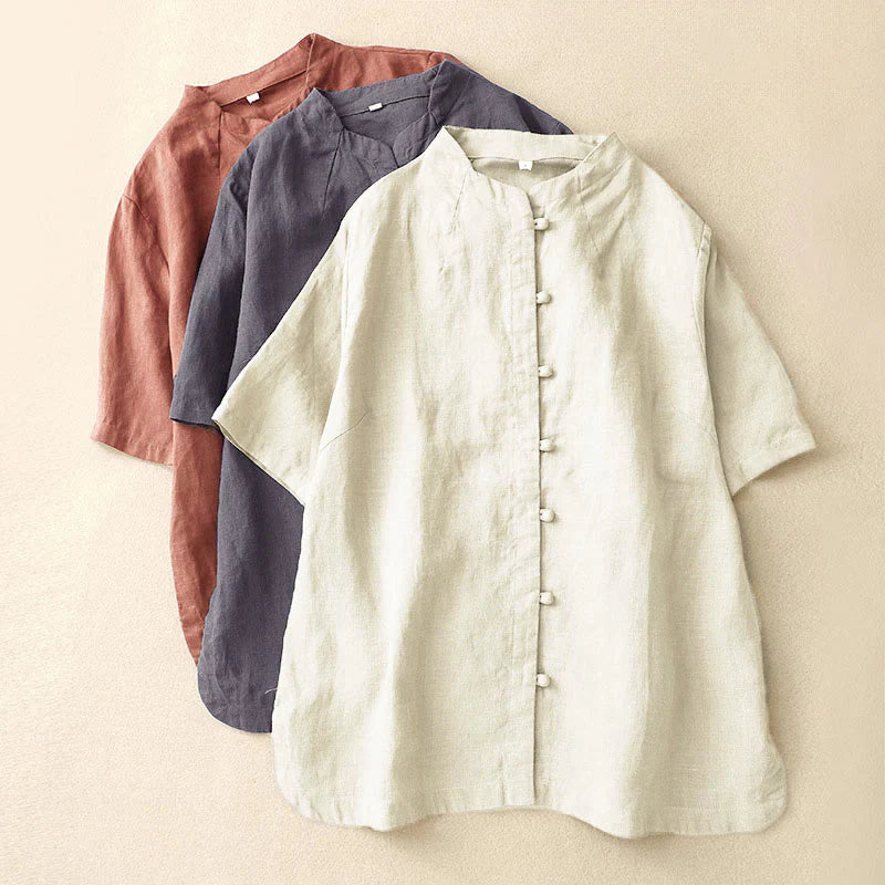 Buddha Stones Summer Women's Cotton Short Sleeve Stand Collar Side Slit Frog-Button Design Shirt