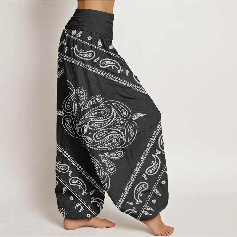 Buddha Stones Cotton Casual Floral Leaf Paisley Pattern Women's Elastic Waist Harem Pants