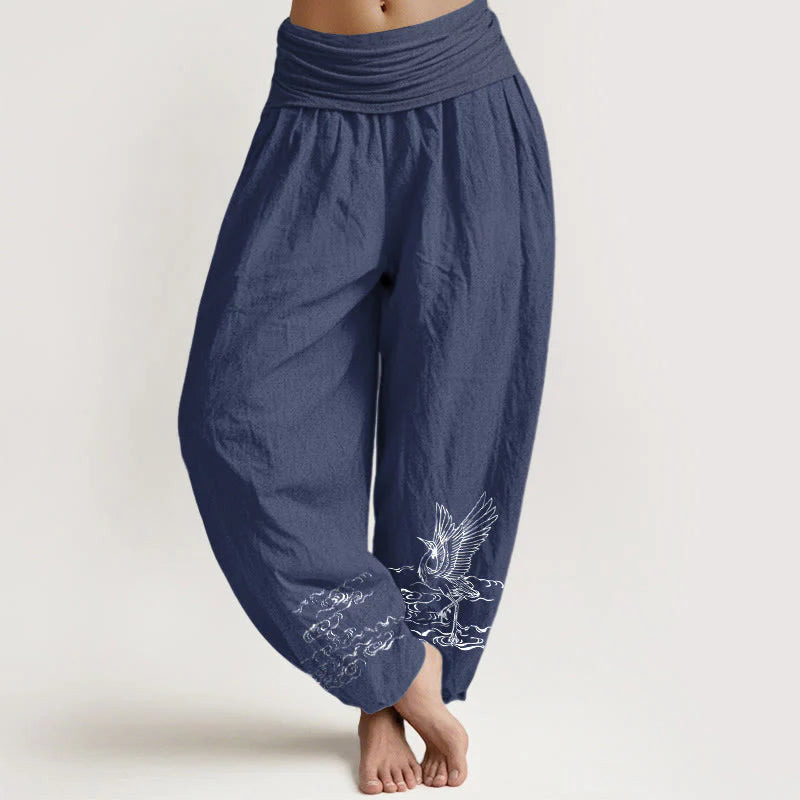 Buddha Stones Crane Flowing Water Pattern Women's Elastic Waist Harem Cotton Pants