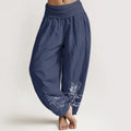 Buddha Stones Crane Flowing Water Pattern Women's Elastic Waist Harem Cotton Pants