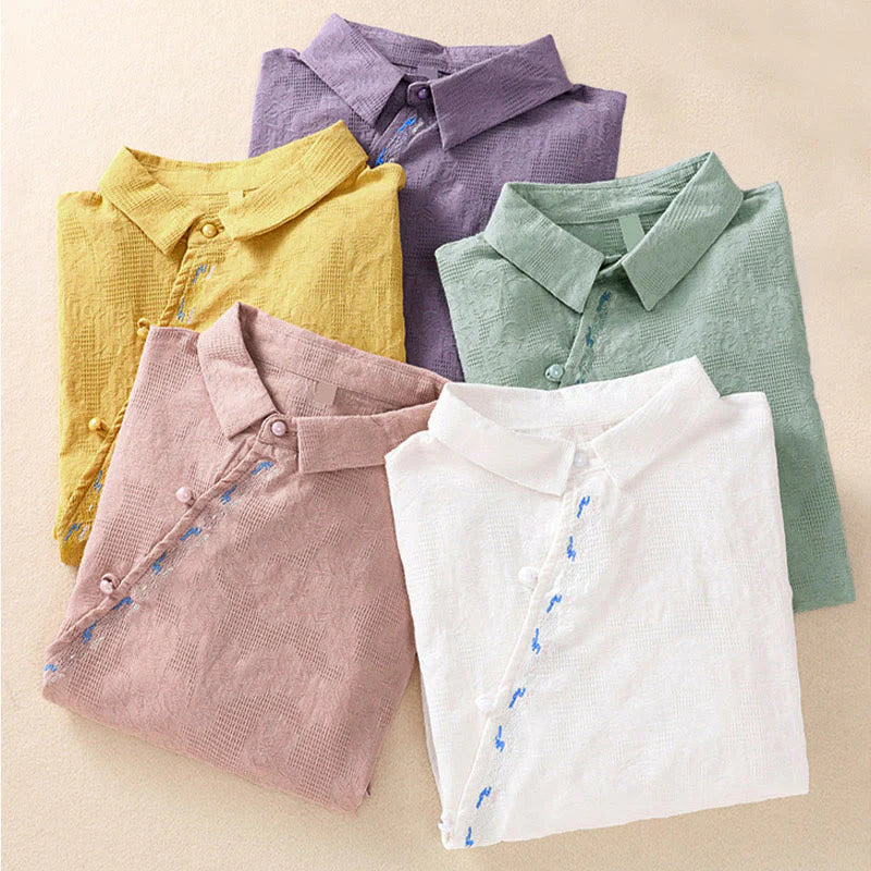 Buddha Stones Fall Embroidery Asymmetrical Design Frog-Button Women's Cotton Long Sleeve Shirt