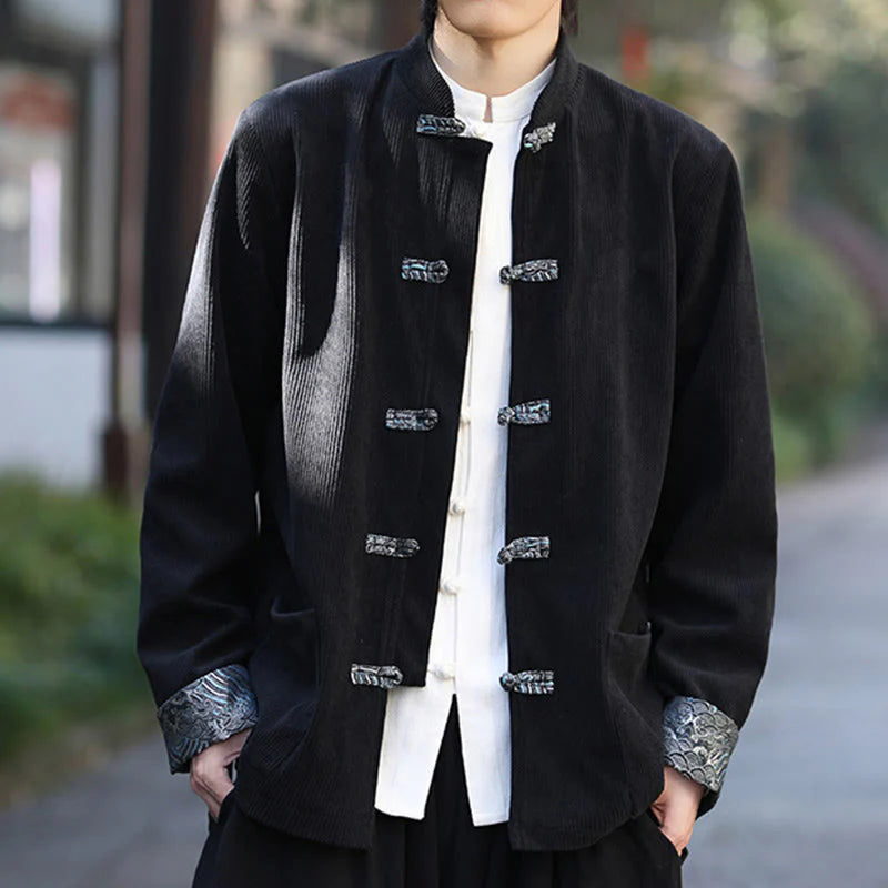 Buddha Stones Spring Jacquard Frog-Button Men's Cotton Corduroy Long Sleeve Jacket With Pockets