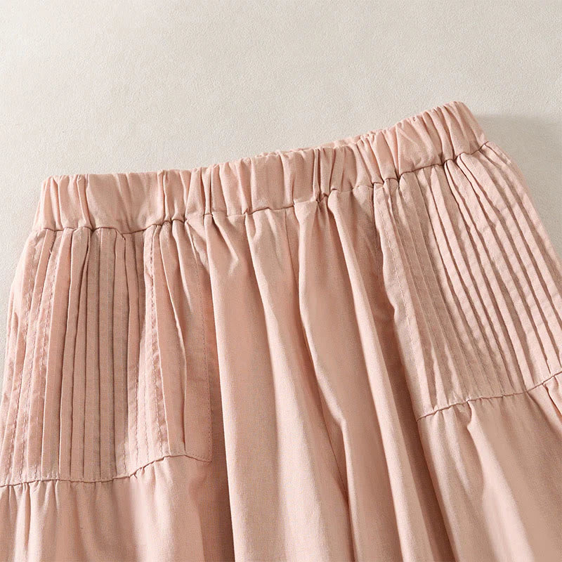 Buddha Stones Summer Pleated Design Elastic Waistband Cropped Women's Wide Leg Pants With Pockets