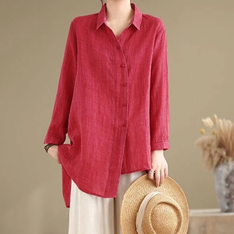 Buddha Stones Irregular Design Buttons Long Sleeve Women's Cotton Shirt