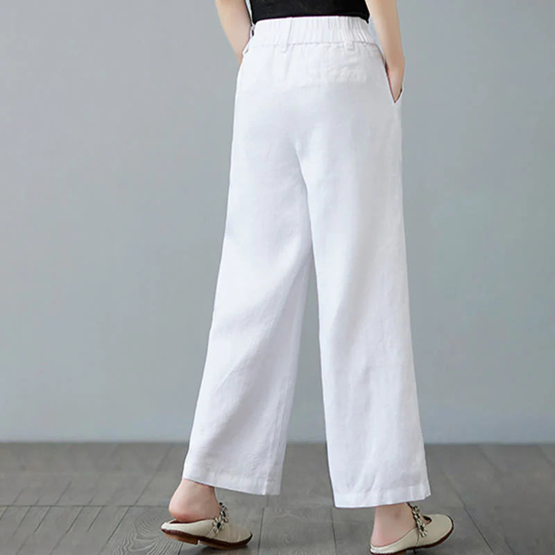 Buddha Stones Daily Solid Color Patchwork Simple Design Cotton Linen Women's Pants With Pockets