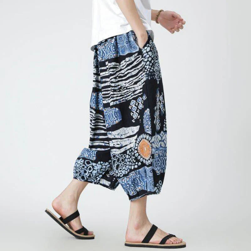 Buddha Stones Summer Square Patchwork Elephant Mandala Geometry Cotton Linen Men's 7-8 Length Pants With Pockets