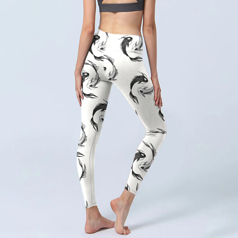 Buddha Stones YinYang Koi Fish Pattern Print Gym Leggings Women's Yoga Pants