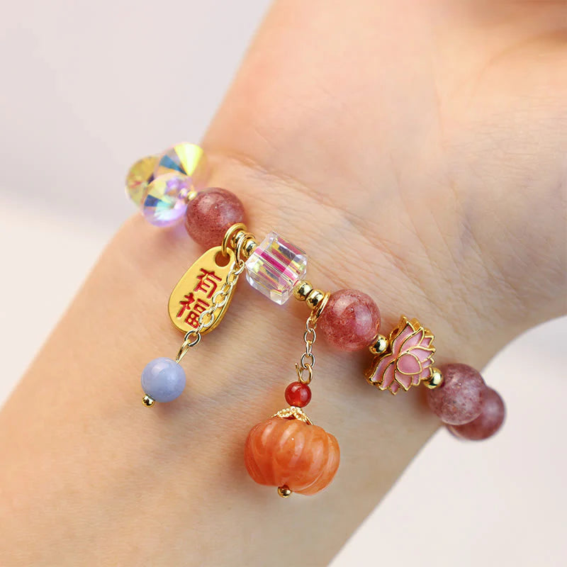 Buddha Stones Natural Strawberry Quartz Fu Character Pumpkin Charm Positive Bracelet (Extra 35% Off | USE CODE: FS35)