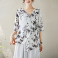 Buddha Stones Ink Bamboo Leaves Print V-Neck Lace-up Frog-Button Shirt T-shirt Tee