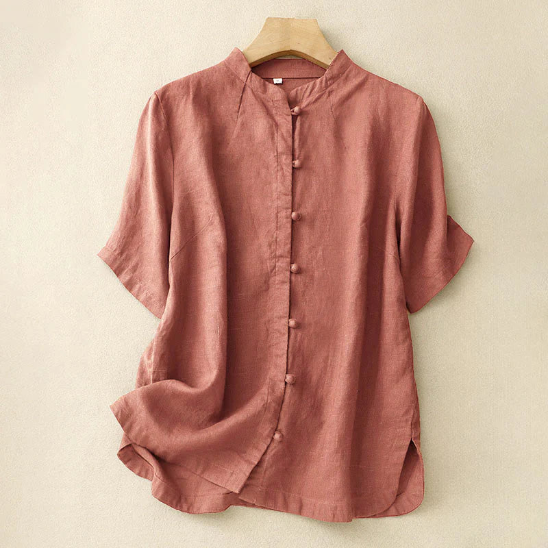 Buddha Stones Summer Women's Cotton Short Sleeve Stand Collar Side Slit Frog-Button Design Shirt