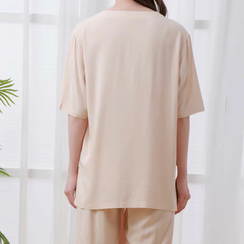 Buddha Stones 2pcs Plain Color Frog-Button Simple Design Crew Neck Design Half Sleeve Shirt Top Elastic Waist Pants Meditation Zen Tai Chi Cotton Clothing Women's Set