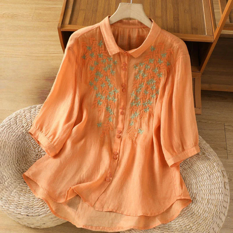 Buddha Stones Casual Plant Embroidery Stand Collar Women's Cotton Blend Three Quarter Sleeve Shirt