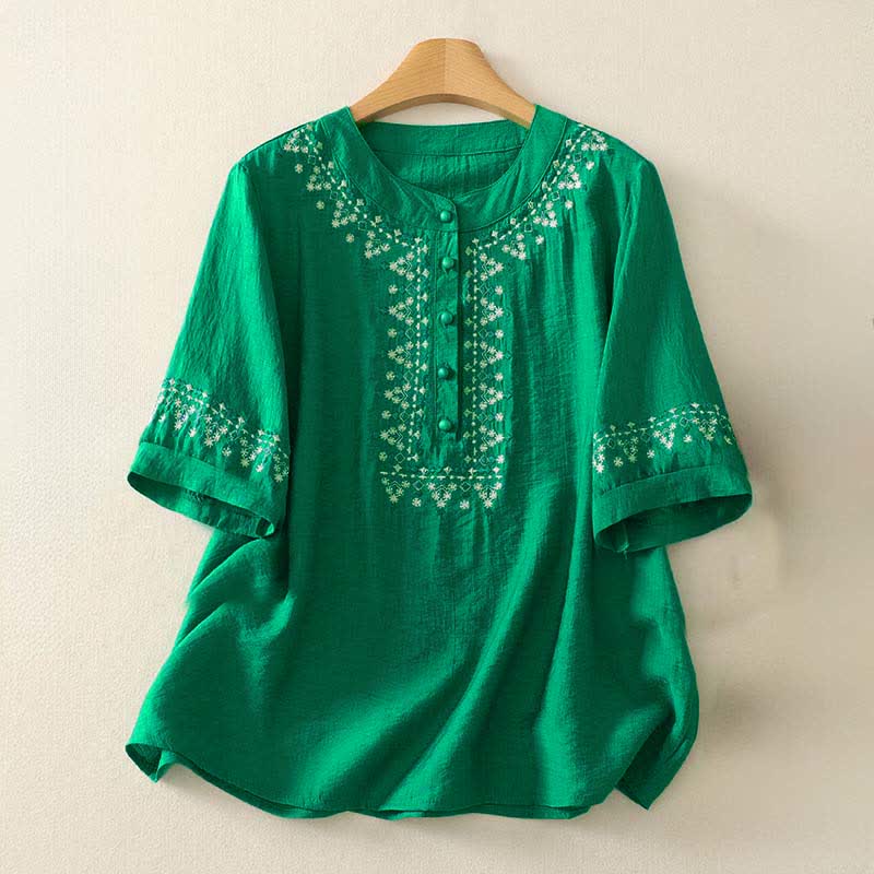 Buddha Stones Spring Embroidered Cotton Half Buttons Women's Short Sleeve Shirt
