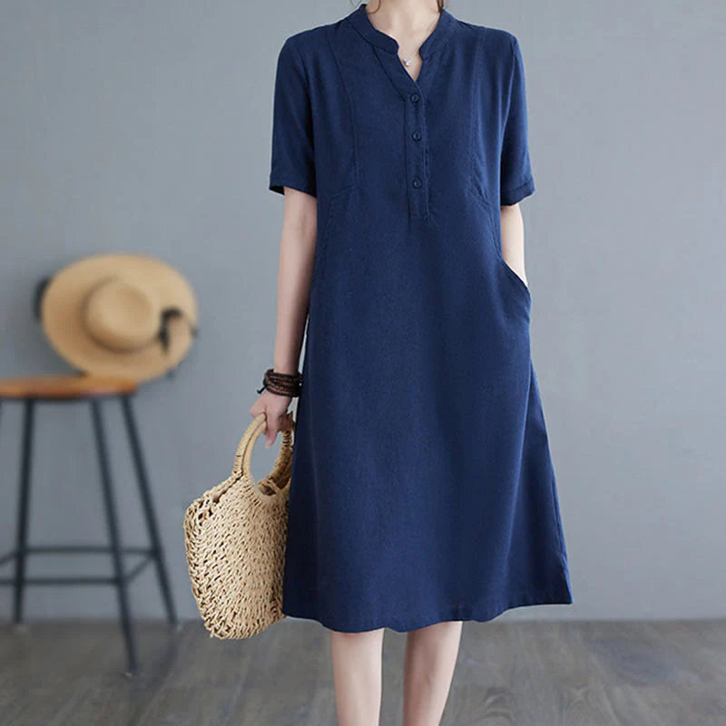 Buddha Stones Casual Daily Pure Color Button Design Short Sleeve Cotton Linen Midi Dress With Pockets