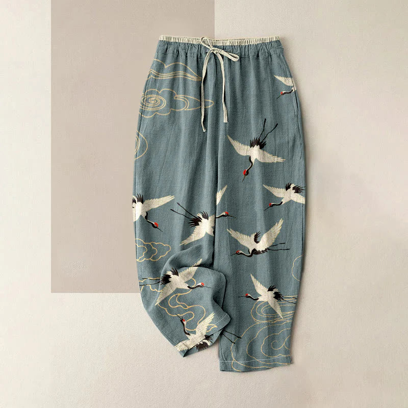 Buddha Stones Pure Cotton Crane Cloud Pattern Women's Elastic Waist Pants With Pockets