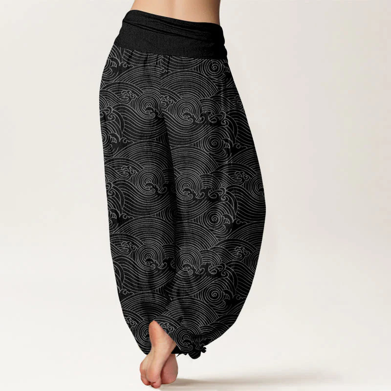 Buddha Stones Pure Cotton Fu Character Ocean Waves Women's Elastic Waist Harem Pants