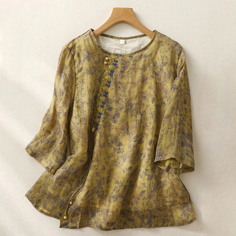 Buddha Stones Embroidery Design Leaves Women's Cotton Linen Three Quarter Sleeve Shirt