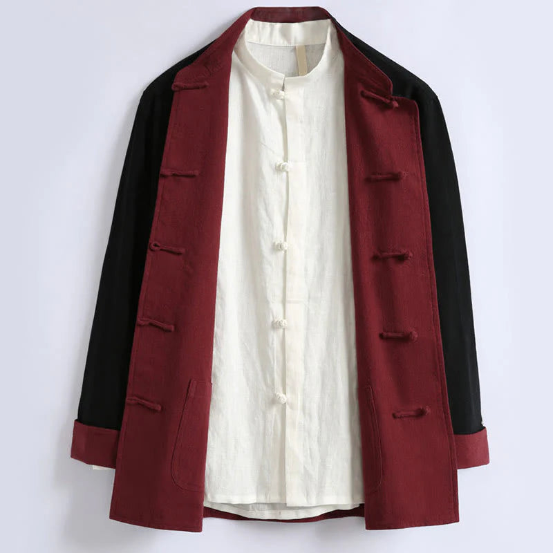 Buddha Stones Spring Chinese Reversible Men's Frog-Button Cotton Long Sleeve Jacket