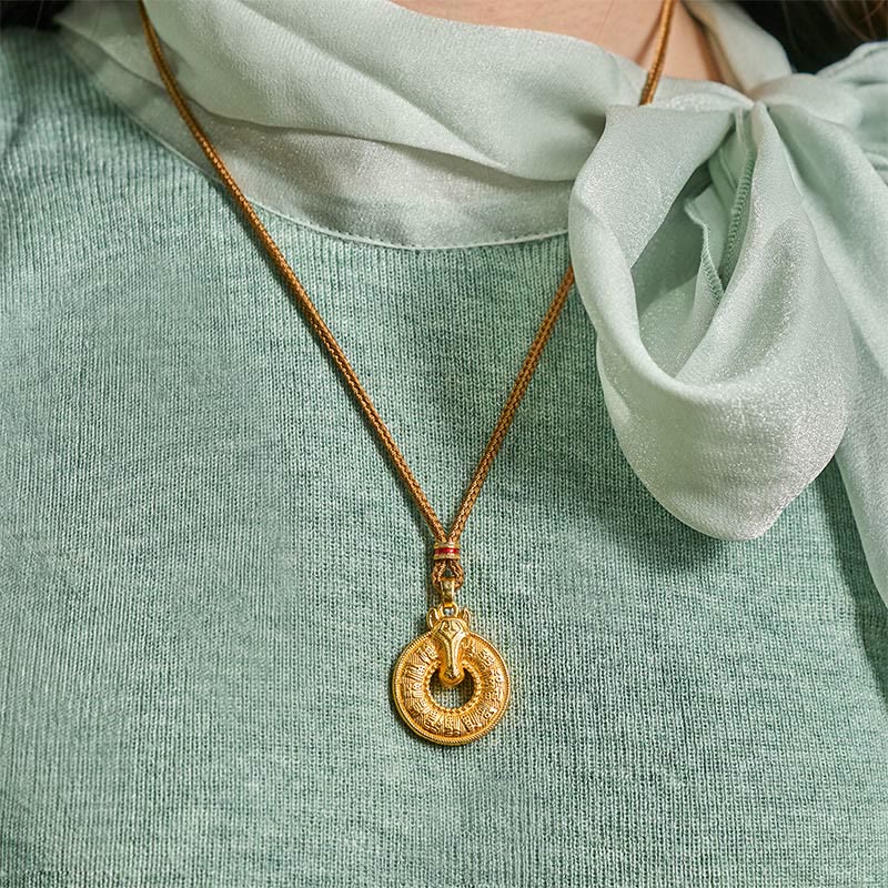 Buddha Stones Year Of The Horse Peace Buckle Fu Character Gold Plated Copper Energy Necklace Pendant
