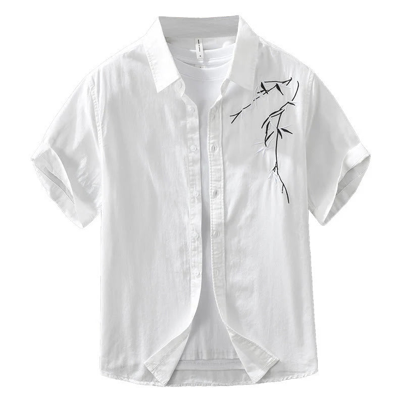 Buddha Stones Artistic Simple Design Embroidery Bamboo Pattern Men's Short Sleeve Cotton Shirt