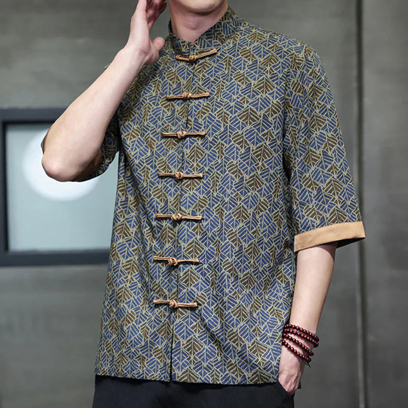 Buddha Stones Summer Colorful Floral Leaves Pattern Short Sleeve Frog-button Design Men's Cotton Shirt